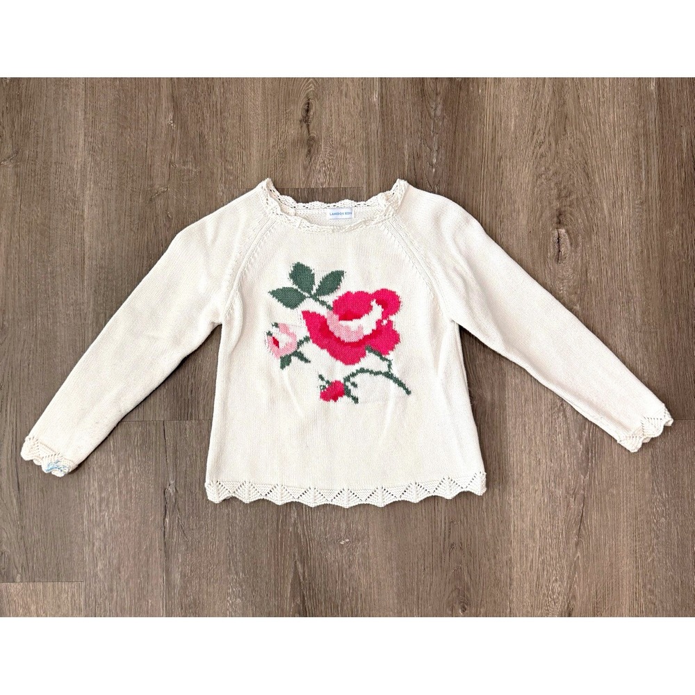 Lanidor Kids Girls Floral Knit Sweater Cream Pink Rose Size 6 Cotton Portugal